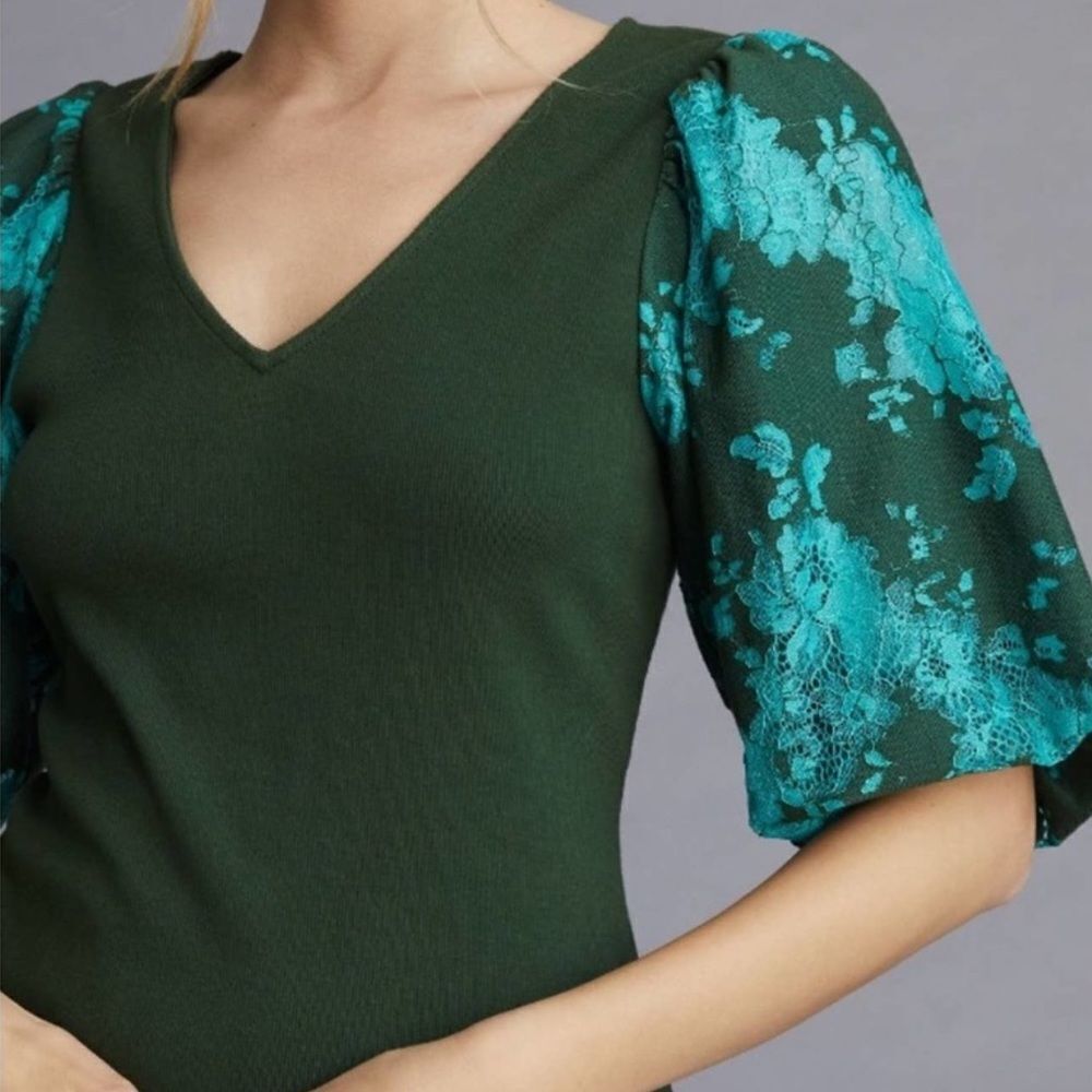 Anthropologie Dolan‎ LACE PUFF-SLEEVE TOP in Holly Green & Turquoise Size XS NWT